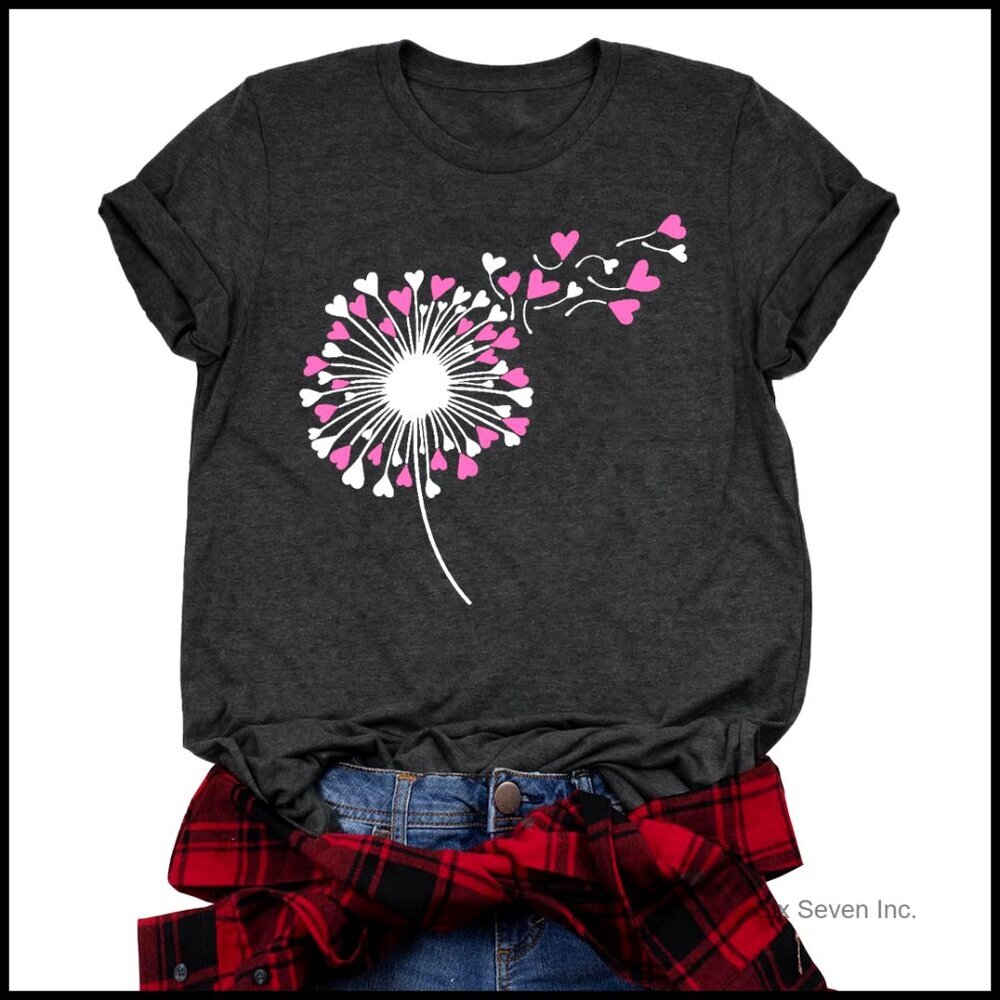 Dandelion Heart Print Tee Casual Valentine Graphic Top Women's T-Shirt